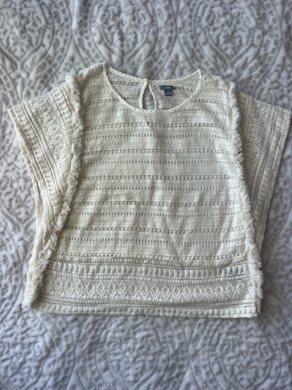 NWOT Aerie White Open-Knit Fringe Trim Short Sleeve Boho Top | Size M - Picture 2 of 10